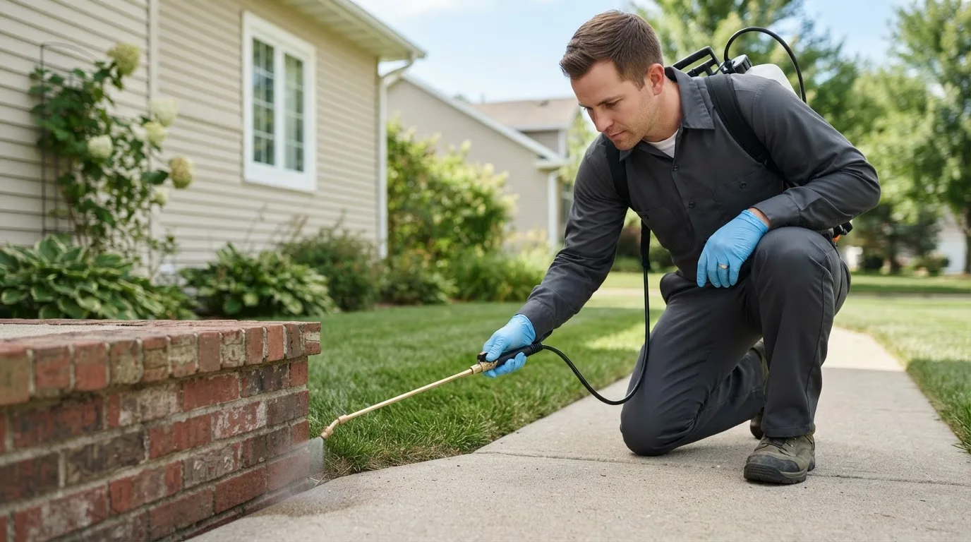 Pest control technician treating a home near Biddeford, ME