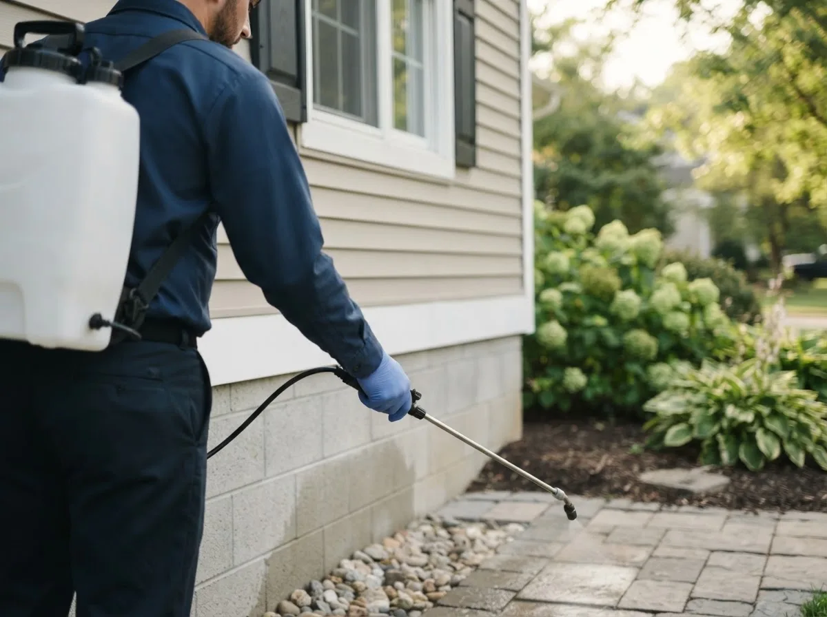 Pest control technician inspecting a home in Biddeford, ME